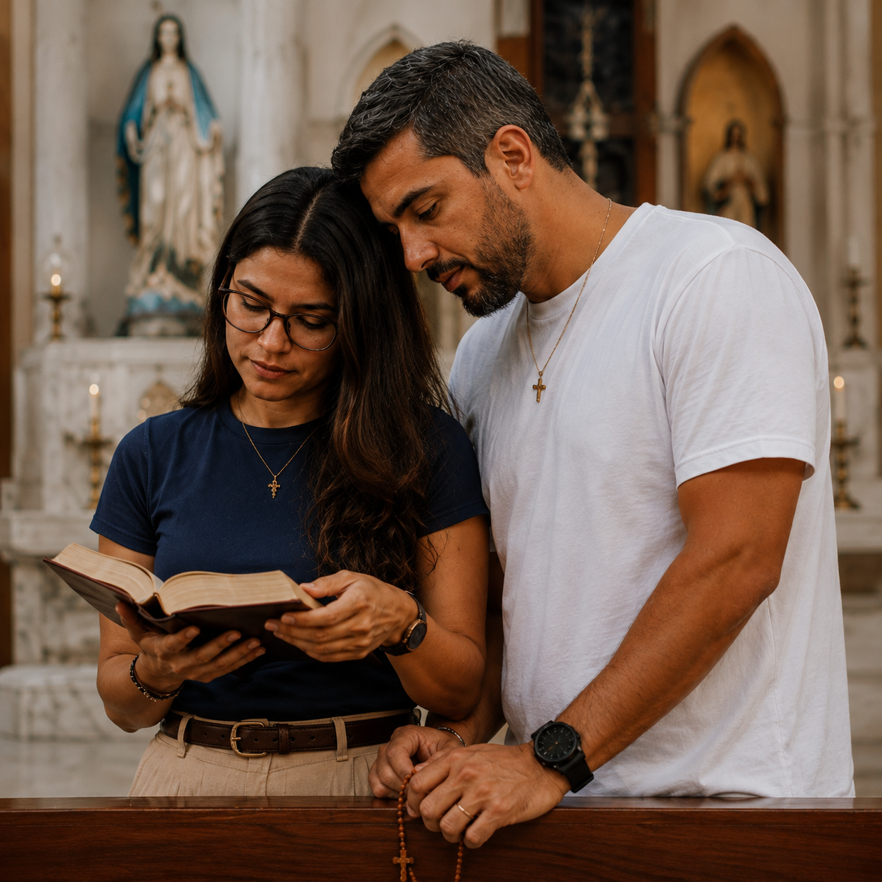Casal católico lendo a Bíblia na igreja