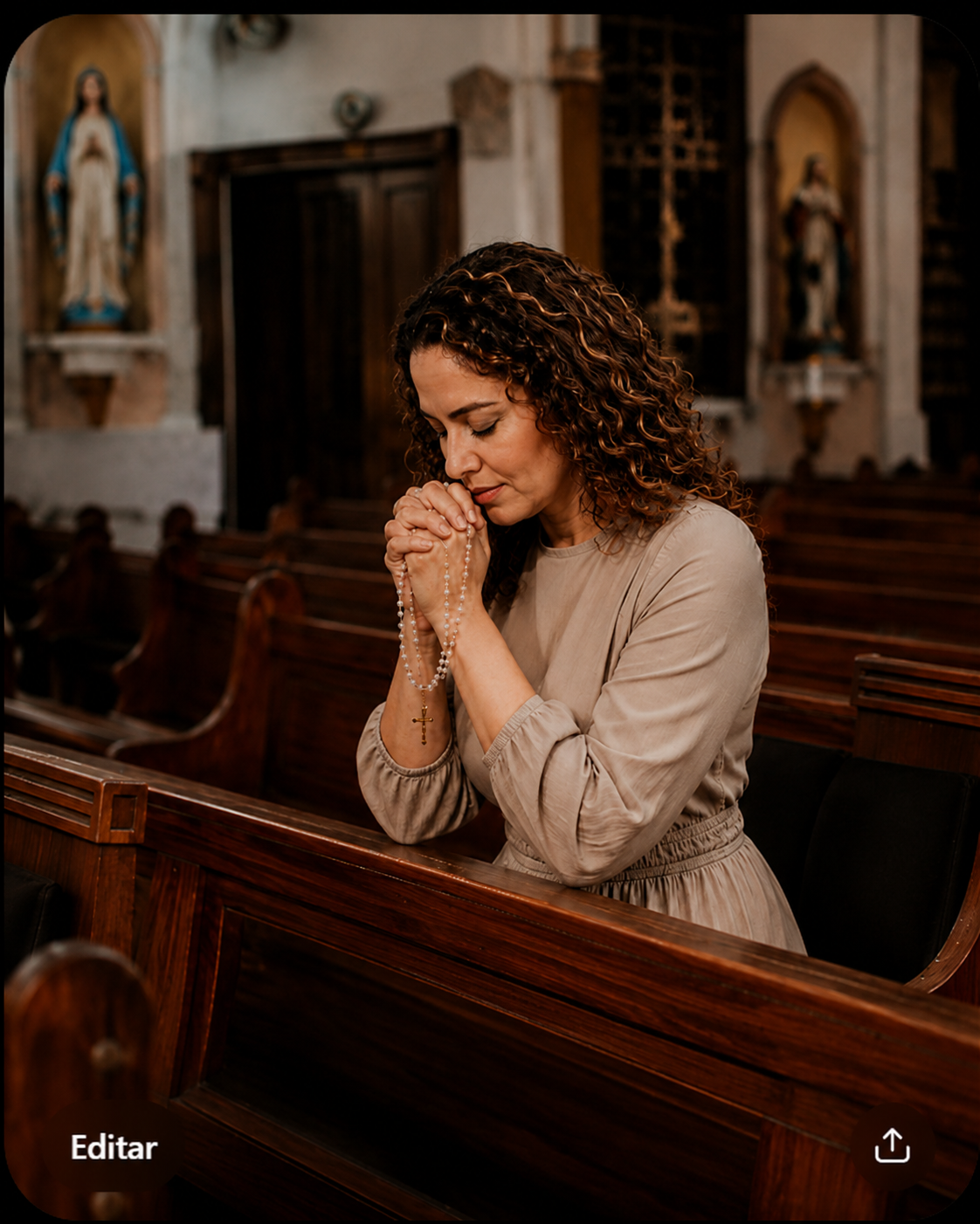 Mulher rezando o terço na igreja